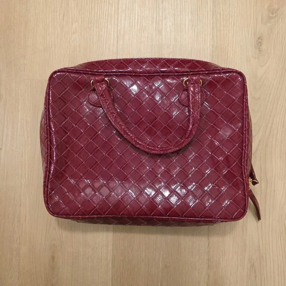 Estee Lauder‎ Red Leather Quilted Rectangular Classic Makeup Cosmetics Bag